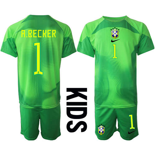 Brasilien Alisson Becker #1 Målvakt Replika babykläder Bortaställ Barn VM 2022 Kortärmad (+ korta byxor)
